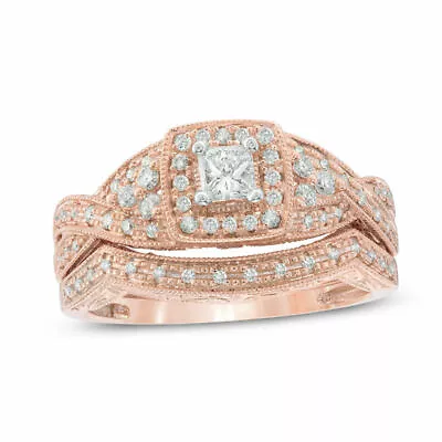 $899 • Buy 1/2 CT. T.W. Diamond Square Frame Vintage-Style Bridal Set In 14K Rose Gold