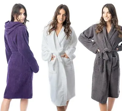 Luxury Womens Terry Towelling Robe 100% Cotton Dressing Gown Bathrobe Hooded  • £14.95