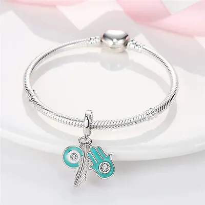 Hand Of Fatima Evil Eye Charm Sterling Silver 925 Bracelet Bead • £12.99