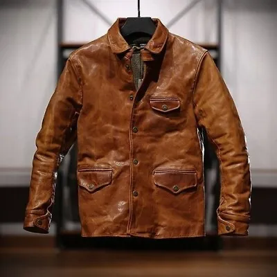 Men's Leather Jacket Vintage Distressed Brown Biker Real Lambskin Jacket Coat • $100