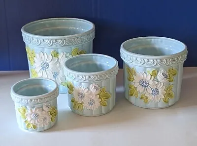 $89.99 • Buy (4) Vtg Mid Century Blue Floral Ceramic Cachepot Planter Pots Made In Japan 