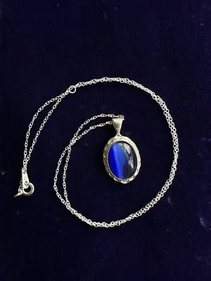 Vintage Sterling Blue Cats-Eye Bali Oval Pendant Necklace 18” • $75.99