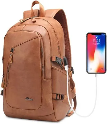 $39.89 • Buy Men Leather Laptop Backpack Vintage School Travel Daypacks With USB Charging