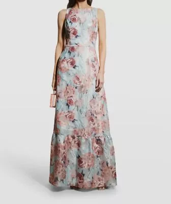 $595 Aidan Mattox Women's Blue Sleeveless Floral-Print Jacquard Dress Size 2 • $190.78