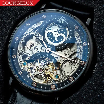 Mens Dual Time Flywheel Skeleton Automatic Mechanical Watch Black Leather Band • $72.95