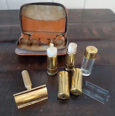 Vintage Gillette Travel Shaving Grooming Razor Kit Gold Tone Brass • $39.99