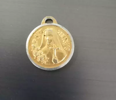 Vintage Pendant Saint Therese. Round Embossed Silver And Gold Tones - France • $13.99