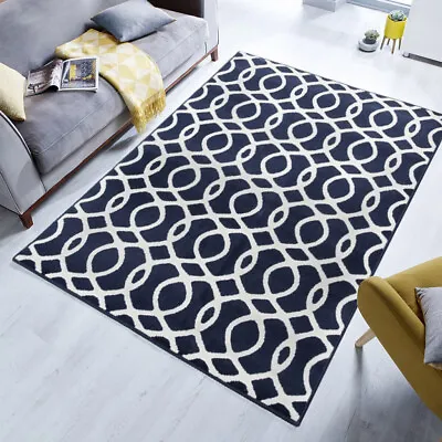 Navy Blue Nautical Rug Small Large Living Room Rugs Geometric Hallway Runners • £13.95