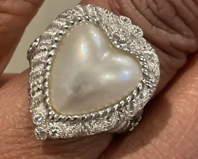Judith Ripka Sterling Silver Mabe Cultured Heart Shaped  Pearl CZ Ring Size7 • $69