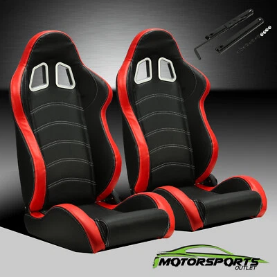 $318.98 • Buy 2 X Reclinable Black PVC Main Red Side Left&Right Racing Bucket Seats Slider
