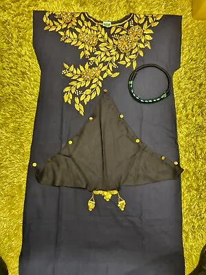Vintage Ladies Tunic Kaftan Dress Egyptian Black Gold Bead Pearl Detailing Egypt • £22.22