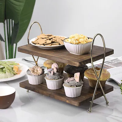 2 Tier Rustic Burnt Wood Base & Brass Toned Metal Wire Cupcake Holder Stand • $35.99