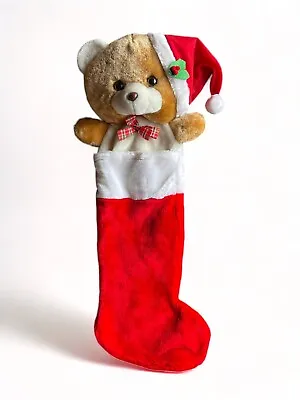 Vintage Teddy Bear Plush Christmas Stocking Big 32  Length Plaid Bow Holly Kids • $12.99