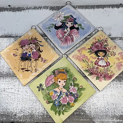 4 Vintage Hanging Tile Wall Art - Decorama Japan Garden Flowers • $24.99