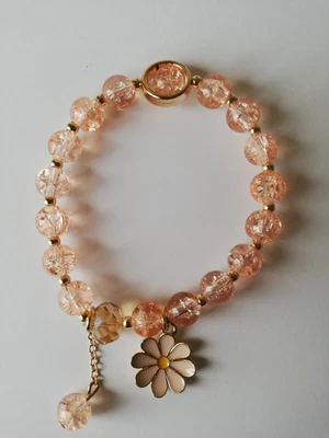 £2.99 • Buy Girls / Ladies Peach Crackle Glass Beaded Bracelet With Daisy Flower Charm 