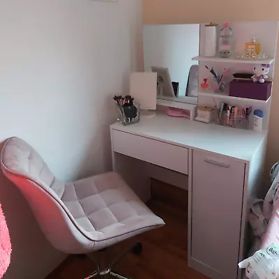 White Dressing Table Makeup Table Vanity Table Mirror Drawers Shelf Dresser Unit • £135