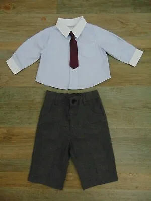 Baby Boys Grey Suit Trousers Blue Fine Pin Stripe Shirt Burgundy Tie 0-3 M 62cm • £6.99