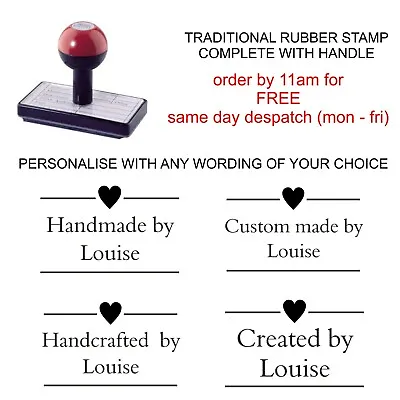 Personalised Handmade By Rubber Stamp Custom Made With Heart Image And Your Name • £13.95