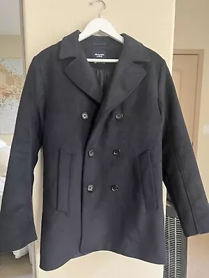 Men's ABERCROMBIE & FITCH Navy Blue Wool Blend Classic Naval  Pea Coat Size L • $75.65