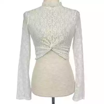 DIVIDED H&M White Sheer Lace Twist Front Crop Top Size Small Mock Neck • $11.95