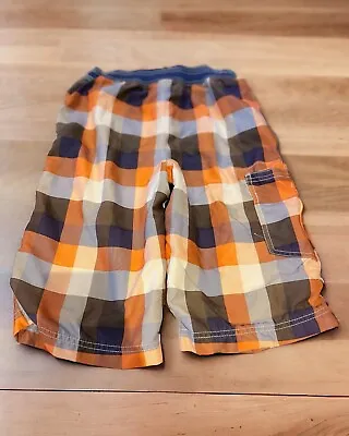 Mini Boden Boys Swim Trunks Plaid Cargo Orange Lined Board Shorts • $16