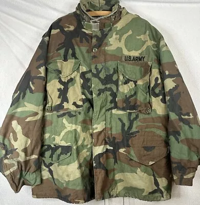 Vintage 1985 US Military Field Jacket Coat Cold Weather Woodland Camo Large • $45