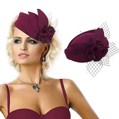 £17.99 • Buy Ladies Wool Felt Beret Hat Fascinator Pillbox Royal Ascot Race Day Wedding A131