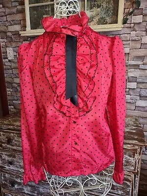 Sz 12 EUC 50s/60s Red Black Polka Dot Ruffle Collared Blouse Pleated Shoulders • $42