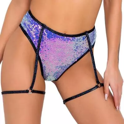 Sequin Garter Shorts O Ring High Waisted Iridescent Bikini Jade Blue Black 6099 • $35.99