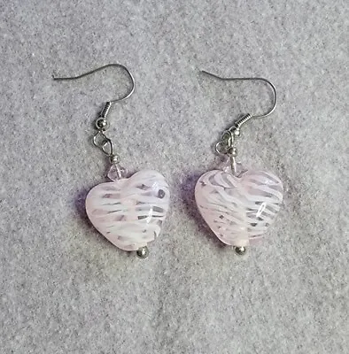 Murano? Pink And White Zebra Heart Shaped Glass Earrings Silvertone • $12