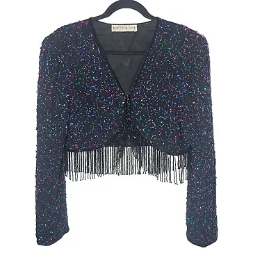 Vintage Scala Womens Multicolor Sequin Beaded Fringe Embellished Cropped Blazer • $44.55