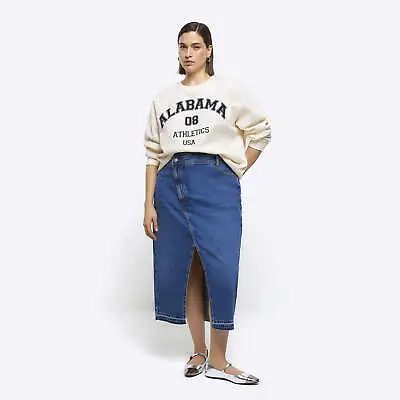 River Island Womens Maxi Skirt Plus Blue Asymmetric Waist Denim 5 Pockets • £16