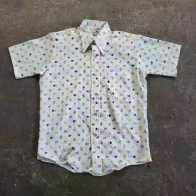 Vintage 70s Hippie Shirt Men's Medium White Flower Button Up Disco Collared • $44