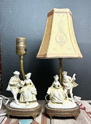 Pair Vintage Porcelain Courtier Boudoir Lamps Ormolu Footed Pierced Base Shades • $129