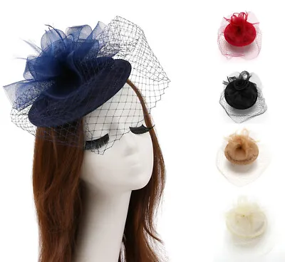Pretty Women Veil Fascinator Hair Clips Feather Wedding Church Party Hat Linen  • $12.99
