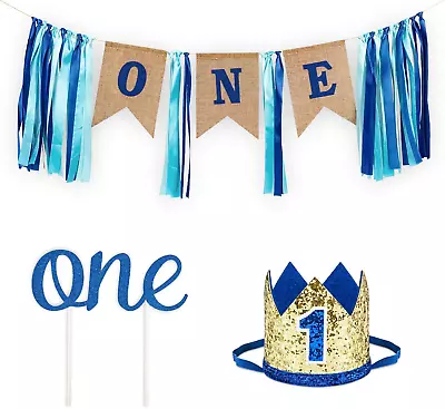 1St Birthday Boy Decorations With Burlap Highchair Banner Cake Topper Blue Hat • $17.78