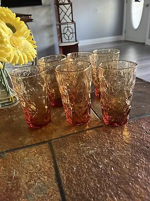 $35 • Buy 6-Vtg Morgantown Seneca Driftwood Crinkle Glass  Amber Glasses
