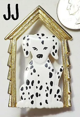 Vintage Signed JJ White Black Enamel Dalmation Dog In GT Openwork Doghouse Pin • $14.38