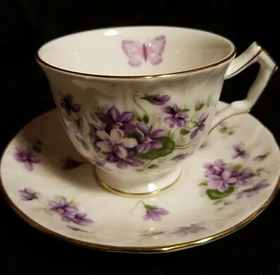 £48.91 • Buy AYNSLEY TEA CUP & SAUCER Purple Flowers & Butterfly Footed Gold Accents