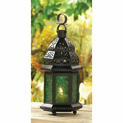 Metal Moroccan Style Green Glass Candleholder Lantern Indoor Outdoor Decor • $23.89