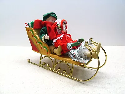 Xmas Santa Sleigh Music Box + Porcelain Children Gold Wood Tabletop Display 9.5  • $8.99