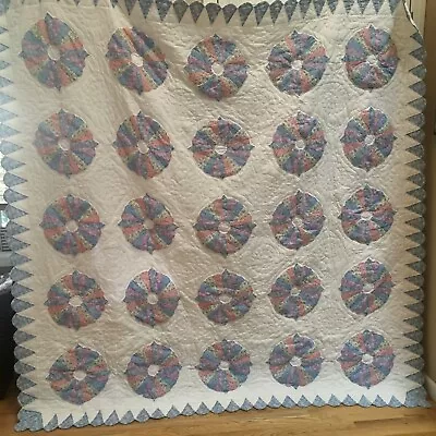 Vintage Dresden Plate Quilt 80” X 82” Scalloped Edge Pink Blue White Cottagecore • $99.99