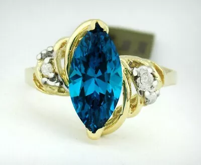 LAB CREATED 3.40 Cts BLUE TOPAZ & GENUINE DIAMOND RING 10K GOLD - New With Tag • $26