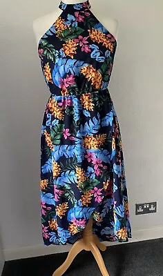 AX Paris Floral Asymmetric Hem Dress Size 14 High Neck Elasticated Waist  • £12