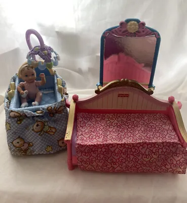 Lot Vintage Fisher Price Loving Family Dollhouse Furniture  Bed Baby Doll Crib • $14