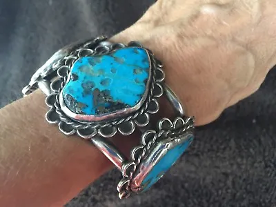 $999 • Buy 140g  Zuni Squash Blossom Morenci Turquoise Sterling Silver Cuff Bracelet