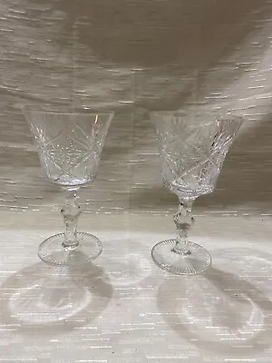 Vintage Cut Criss-Cross & Fan Design Crystal Wine Goblets Stemware - Set 2 6”T • $12.95