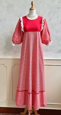 £108 • Buy Vintage SIMON ELLIS Red White Check Boho Prairie Swiss Ruffle Maxi Dress S 8/10