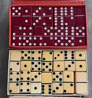 Vtg Set Of 2 Marblelike Dominoes Ivory & Red Standard In Boxes • $34.99