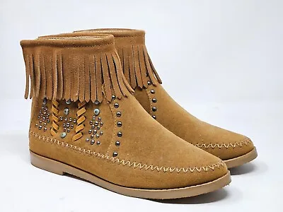 Montana West Womens Suede Fringe Trim Collar Western Booties Size 7 • $29.95
